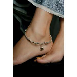14K <b>Gold</b> and 925 Silver <b>Anklet</b> Cute Nazakat Ghungroo Twist Kada with Heart Pattern Rhinestone Diamond Set for Party or Gift - Product Image 1