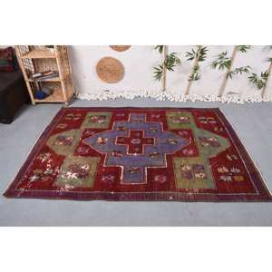 พรมขนสัตว์ทรงเรขาคณิตสีแดงและเขียวเป็นมิตรกับสิ่งแวดล้อมแนววินเทจแบบดั้งเดิม4.8 'x 6.9' - Product Image 1