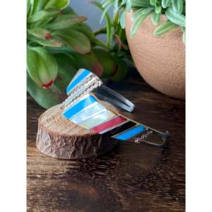 Zuni Made Multi Stone & Sterling Silver Inlay Cuff Bracelet - Product Image 4