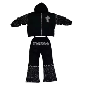 Pantalon évasé et sweat à capuche zippé avec logo personnalisé de style unique de qualité supérieure survêtement Streetwear avec strass et sérigraphie - Product Image 1