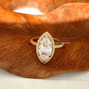 Bague de fiançailles en or massif 14 carats 2.50 ct CVD taille marquise IGI certifié diamant solitaire halo. - Product Image 5