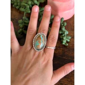 Bague en argent sterling turquoise artisanale Navajo taille 7.25, bijoux fins géométriques - Product Image 2