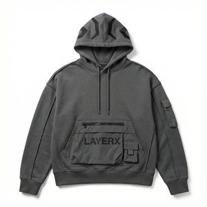 เสื้อฮู้ดดี้ผู้ชาย ผ้าหนา 500 กรัม ผ้าฝ้ายเฟรนช์เทอร์รี่ ผสมไนลอน มีกระเป๋าแบบคาร์โก้ สำหรับงานปัก ปักลาย ทรงบ็อกซี่ ใส่สบายในฤดูหนาว รับผลิตแบบ OEM - Product Image 1