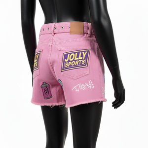 Shorts vaqueros rosas de algodón de alta calidad para mujer, tela suave y elástica, parche de chenilla con bordado, logo personalizado, shorts tipo booty para mujer - Product Image 3