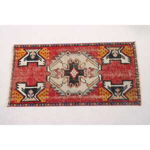 1.5x3 ft Small Vintage Rug, Turkish Rug, Red <b>Yellow</b> Ombr <b>Wool</b> Rug - Product Image 5