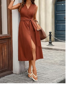 Vestido Midi elegante sin mangas con cuello en V para mujer, con botones en la cintura y con cinturón, diseño de línea A, perfecto para oficina o ropa informal - Product Image 2