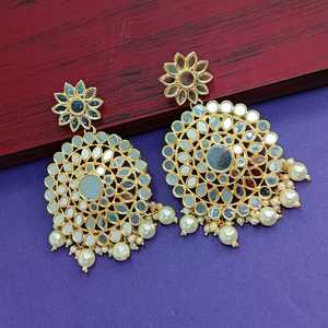 เครื่องประดับเจ้าสาวอินเดียต่างหูดอกไม้ออกซิไดซ์คริสตัลหินแก้วกลมไข่มุกเทียมอินเดียแบบดั้งเดิมต่างหูห้อยทอง - Product Image 2