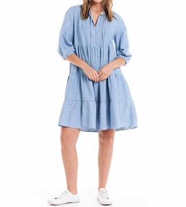 Casual Denim Gathered Tiered <b>Skirt</b> Women Dress Split V-Neck with Neckties Elbow-Length Sleeves with <b>Elastic</b> Cuff A-Line Solid - Product Image 1