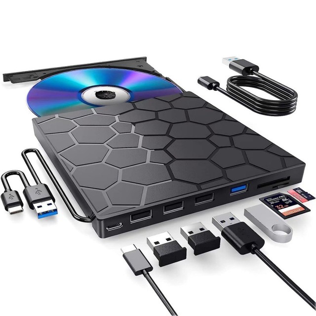 Portable 8-in-1 USB 3.0 & Type-C External DVD Drive New Design CD/DVD±RW Burner with Card Reader & USB Hub Supports SD/MMC Cards