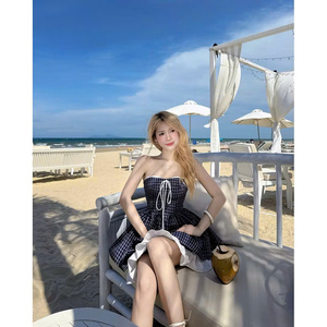 มินิเดรสเกาะอกลายสก็อตกระโปรงเป็นชั้นแต่งโบว์หวานๆเครื่องแต่งกายฤดูร้อนน่ารักเดรสปาร์ตี้แฟชั่นเกาหลีอินเทรนด์ - Product Image 2