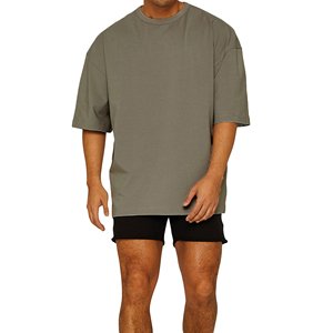 Camiseta gris oscuro de talla grande para hombre, camisas de moda de Color sólido 100% de algodón, cuello redondo, camisetas con hombros caídos - Product Image 1