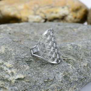 โบฮีเมียนฮิปปี้หนาเงินสแตนเลสปรับได้รูปทรงเรขาคณิตแหวนดอกไม้แฮนด์เมดดีไซน์ไม่ซ้ำใคร - Product Image 4