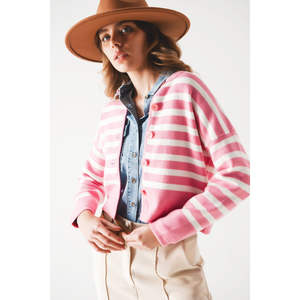 Cárdigan Ligero de Rayas Rosas para Otoño y Primavera con Bordado y Decoración de Botones, Prenda Larga - Product Image 1