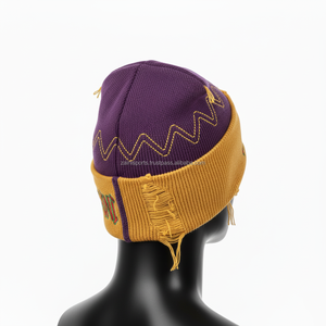 Gorro de gorro para hombre de alta calidad, Material acrílico grueso, doble Color, púrpura, amarillo, logotipo personalizado, diseño bordado, gorro jacquard - Product Image 4