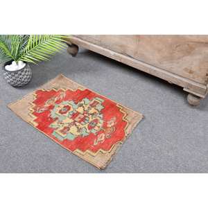 Tapis Vintage en Laine Patchwork Rouge Vert 1.3 X 2.1ft Turc Grande Surface Rectangle Zone Motif Abstrait Nouveau Tapis de Chambre en Latex Seagrass - Product Image 2