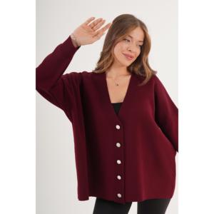 Cárdigan Borgoña al por Mayor con Detalle de Botones, Corte Holgado, Estilo Casual para la Temporada de Otoño - Product Image 3