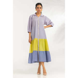 Vestido de Algodón Teñido con Bloques de Color, Estilo Casual para Oficina, Cuello Cuadrado, Transpirable, Largo hasta el Suelo, con Cintura Natural, ODM IPS-77277 - Product Image 2