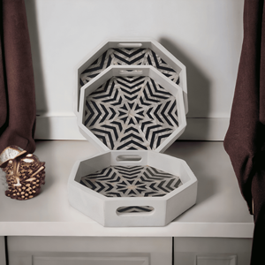 Plateau géométrique de Style Art moderne du milieu du siècle bois de manguier multifonctionnel avec incrustation blanche noire pour la décoration de Noël de jardin à la maison - Product Image 5