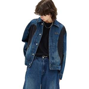 Veste en jean à manches longues pour homme, logo personnalisé, couleur contrastée, jean bleu ample, jean délavé, veste en jean patchwork pour homme - Product Image 2