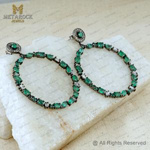 Pendientes redondos de diseño de plata 925 y Diamante marrón, joyería hecha a mano de piedras preciosas de Esmeralda con realce, 14Kt - Product Image 3