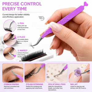Pince à cils courbée pour extensions de cils, outil de précision à pointe en fibre, en acier inoxydable antidérapant pour volume et éventail - Product Image 5