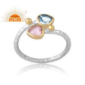 Diseño hecho a mano plata esterlina Topacio azul natural y anillo de piedras preciosas de cuarzo rosa diseño personalizado fabricante de joyas - Product Image 1
