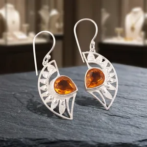 925 Silver Luxury Bohemia Drop Earrings Yellow <b>Citrine</b> Gemstone Geometric Leaf Pattern for Women Everyday Wedding Party Gift - Product Image 3