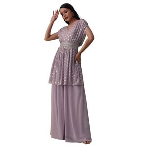 All'ingrosso donna abbigliamento etnico OEM fornitore di abbigliamento personalizzato Set Top Palazzo color lavanda viola In Georgette con paillettes - Product Image 3