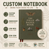 LABON Carnet de terrain personnalisé B5 en lin vert mousse, couverture rigide, broderie (papillon, fougère, gland, drapeau de camp), grille de points, ruban