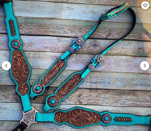 Conjunto de aparejos para caballo de cuero genuino estilo western con cierre de hebilla, cabezada con cuentas y pechera - Personalización para equitación disponible - Product Image 4