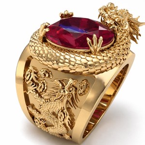 Anello da Donna Creativo con Doppio Drago che Gioca con Pietra Lucida, in Oro, Stile Letterario Retrò Classico, Ornamento per Mano Transfrontaliero - Product Image 1