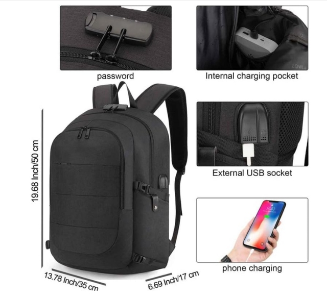 Large USB Charging Port Lock Travel Anti-Theft 15.6" Laptop Backpack Water-Resistant Polyester for Unisex Business Casual Use