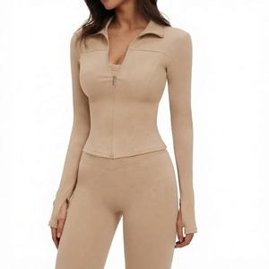 Conjunto de Yoga para Mujer, Cuello Camisero, Largo Completo, Sin Costuras, 2 Piezas, Cintura Alta, Color Sólido, Spandex, Nailon, Ropa Deportiva - Product Image 1