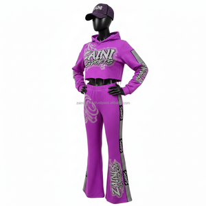 Survêtement Premium pour Femme 320 GSM en Molleton Épais Coton Polyester Violet avec Panneau Contrastant et Logo Strass Thermocollé Grandes Tailles - Product Image 4