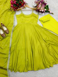 Ropa étnica india, seda Chinon pesada con secuencia bordada, trabajo, vestidos Anarkali de lujo con pantalón Dupatta para vestido de boda - Product Image 5