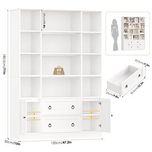 Estantería Grande Blanca de Madera con Armario de Almacenamiento y Cajones, Librería con Estantes Abiertos para el Hogar, Oficina o Sala de Estar - Product Image 5