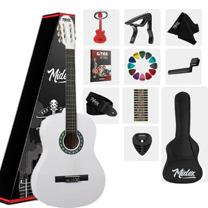 <span class=keywords><strong>Guitare</strong></span> classique blanche 4/4, ensemble complet avec tige de tension réglable, accordeur, sac, sangle, capo et médiators |   Midex CG-270WH - Product Image 1