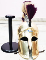 Casque d'armure médiévale, costume d'Halloween, casque corinthien grec vintage, finition laiton brillant, fer jaune, plume noire