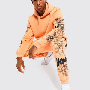 ชุดวอร์มสองชิ้นแบบสวมหัวสำหรับผู้ชายชุดวอร์มแบบสวมหัวพิมพ์โลโก้พัฟแบบเรียงซ้อนกางเกงทรงบานมีฮู้ดชุดวอร์มขายดี - Product Image 5