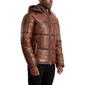 Unisex Genuine Leather Puffer Jacket With Stand Collar Breathable Quilted Design <b>Winter</b> Hooded Zipper Closure OEM Service - Product Image 4
