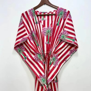 Caftan 100% coton fait à la main pour femmes rayé imprimé fleuri Maxi robe de nuit confortable longueur au sol pour demoiselle d'honneur Resort - Product Image 1