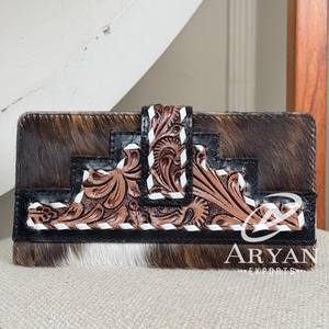 Billeteras de cuero vintage con herramientas a mano, tarjeteros organizador clásico plegable largo de cuero de vaca genuino, Cartera de mano para Unisex - Product Image 1