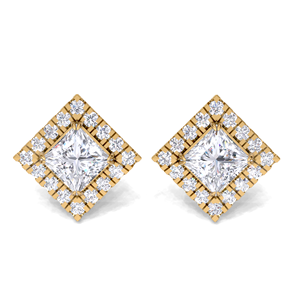 Boucles d'oreilles à double halo en diamant taille princesse de 1,38 carat en or jaune, blanc et rose 18 carats, bijoux de mariée de luxe - Product Image 1