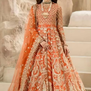 STYLISH ORANGE BRIDAL ANARKAL,LEHENGA & <b>DUPATTA</b> DRESS WITH BEAUTIFUL HEAVY DABKA ,PEARLS,RESHAM EMBROIDERY WORK for WEDDING=2024 - Product Image 1