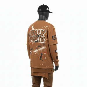 เสื้อยืดผู้ชายผ้าฝ้าย 100% ทรงหลวม พิมพ์ลาย เสื้อยืดแขนยาวสองชั้น สไตล์ใหม่ เสื้อยืดแขนสองชั้นแบบสั่งทำ - Product Image 5