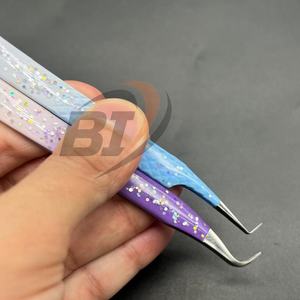 Pinzas de pestañas de acero sostenible con diseño de purpurina nuevo de alta calidad al por mayor punta puntiaguda con logotipo personalizado para extensiones de pestañas voluminosas - Product Image 5