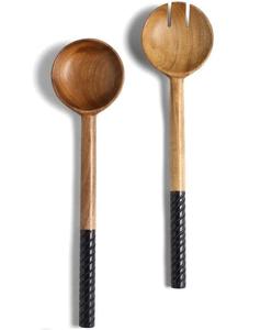 Ensemble de 2 pièces en bois d'acacia, poignée en résine grise de style populaire américain, ustensiles pour servir les couverts à salade, cuillère et fourchette, serveur à salade - Product Image 4