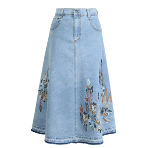 Denim Jeans <strong>Skirt</strong> With Embroidery Long Flared Classic <strong>Embroidered</strong> Jean <strong>Skirts</strong> Pocket Stylish - Product Image 1