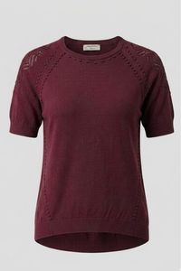 Venta al por mayor del fabricante: Top de punto de manga corta para mujer, color ciruela, cuello redondo, de algodón y acrílico, para verano, con detalle de hombros calados. - Product Image 6