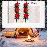 Guirlande de Noël en aiguilles de pin floquées, décoration artificielle suspendue pour les fêtes, décorations rouges avec baies florales et cônes de pin pour porte et fenêtre